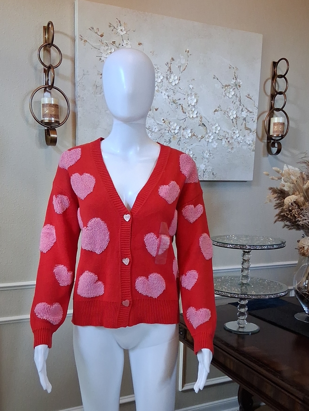 New Women's Heart Print V-neck Red And Pink Oversize Knit Glam Cardigan XXS - Picture 17 of 17